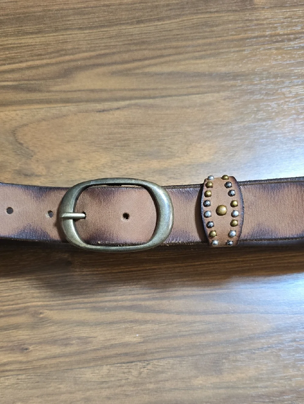 The Leathery Studded Brown Leather Belt with Antique Brass Buckle